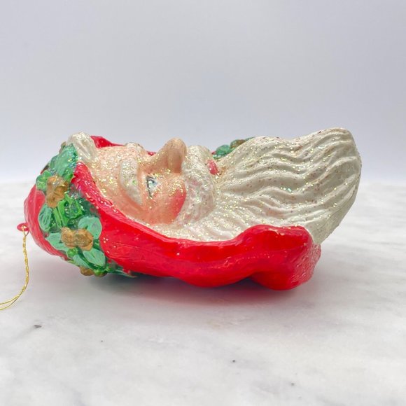 Santa Claus Head Face Ornament Bauble Christmas Plastic Poinsettia Hollow Glitte - Picture 3 of 8